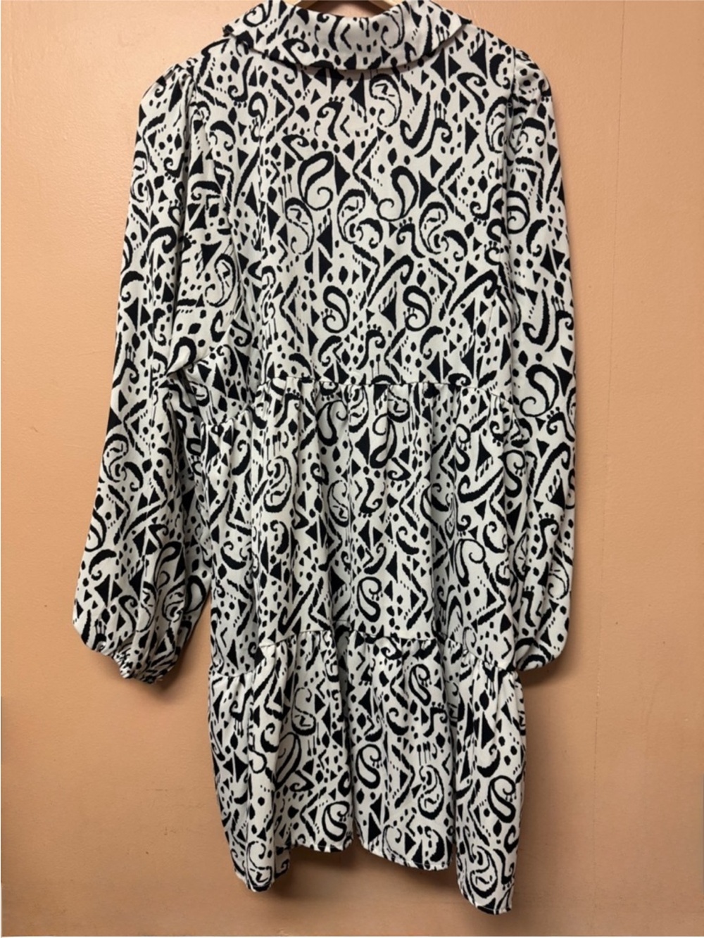 UMGEE L Black White Paisley Boho Dress Tiered Mini Balloon Long Sleeve - Picture 4 of 5